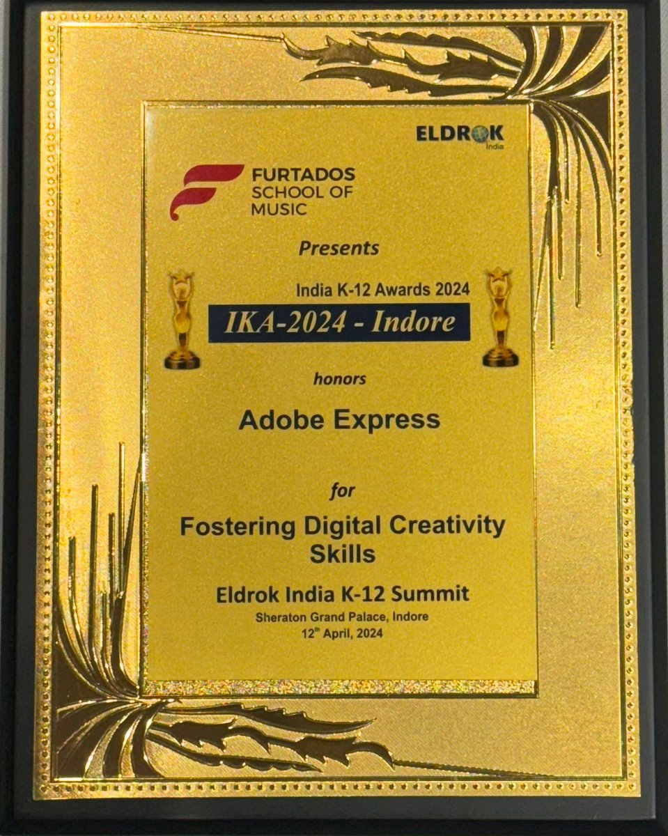 Striving for excellence with these prestigious awards on our mission  #CreativityForAll 
Thank you #Eldrock for choosing <a href="/AdobeExpress/">Adobe Express</a> for this honour as best tool to foster Digital Creativity Skills in K12 category.
<a href="/jasmeetkaurkang/">Jasmeet Kaur Kang</a> <a href="/Malasharma/">Mala Sharma</a> <a href="/AdobeForEdu/">Adobe For Education</a> <a href="/EmilyChesbrough/">Emily Chesbrough 🚀 #AdobeEduCreative</a>