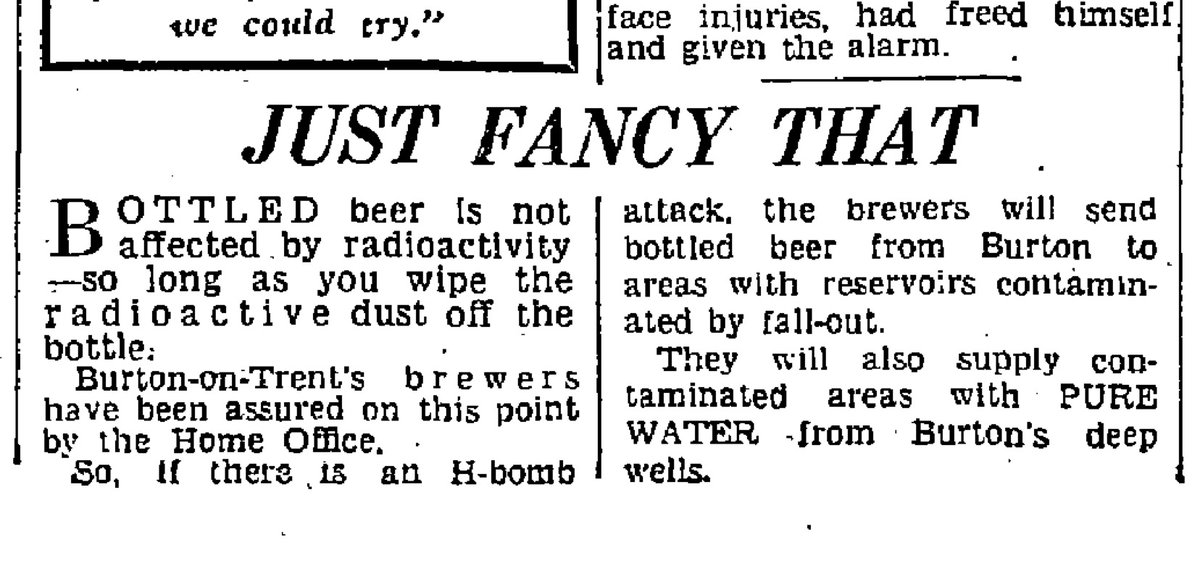 Bottled beer not affected by fallout – official. (Daily Express, 18 Apr 1958) #coldwarhist #nuclearwar #beer