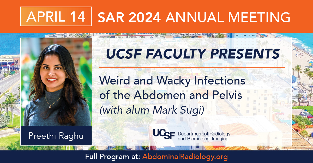 Up next at #SAR24, @UCSFimaging's Dr. @preethiraghumd & alum Dr. @markdsugi will present on the infections of the abdomen & pelvis in Regency Ballroom from 12:40-1:10 pm. @SocietyAbdRad