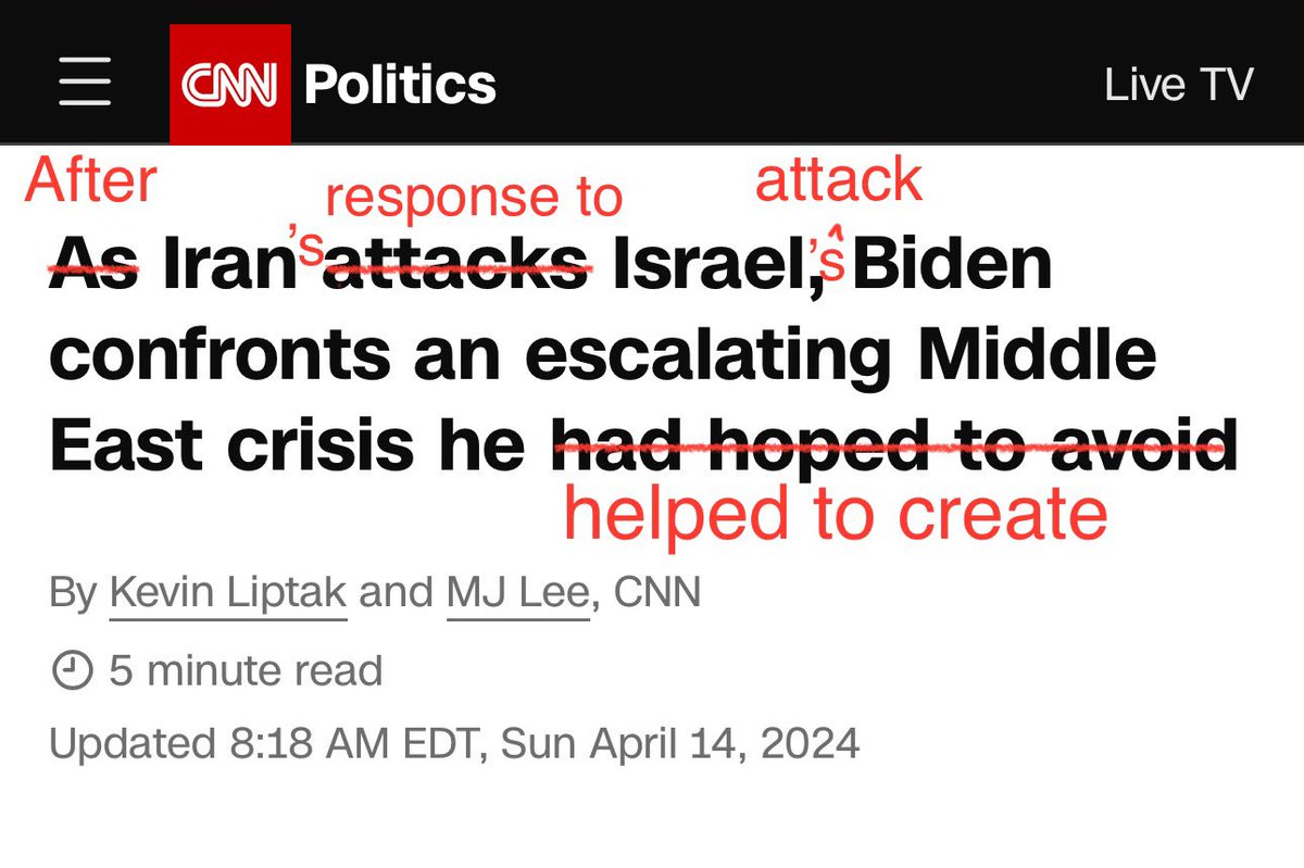 -Iran was *responding* to Israel’s attack on its embassy, this framing makes it seem like Iran initiated an attack

-If Biden wanted to avoid a crisis he could have supported a ceasefire, instead he gave Israel no red line, aided atrocities in Gaza and shattered international law