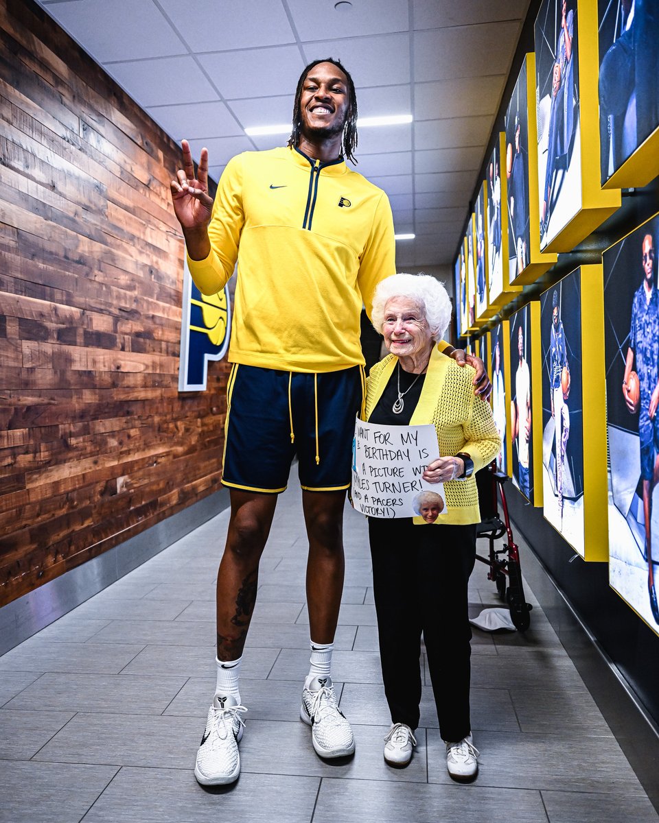 Pacers's tweet photo. Best birthday ever 🥳

Myles Turner made Sally Strand's 91st birthday one to remember by snapping a photo and meeting her pregame. https://t.co/Za15CU7gbR