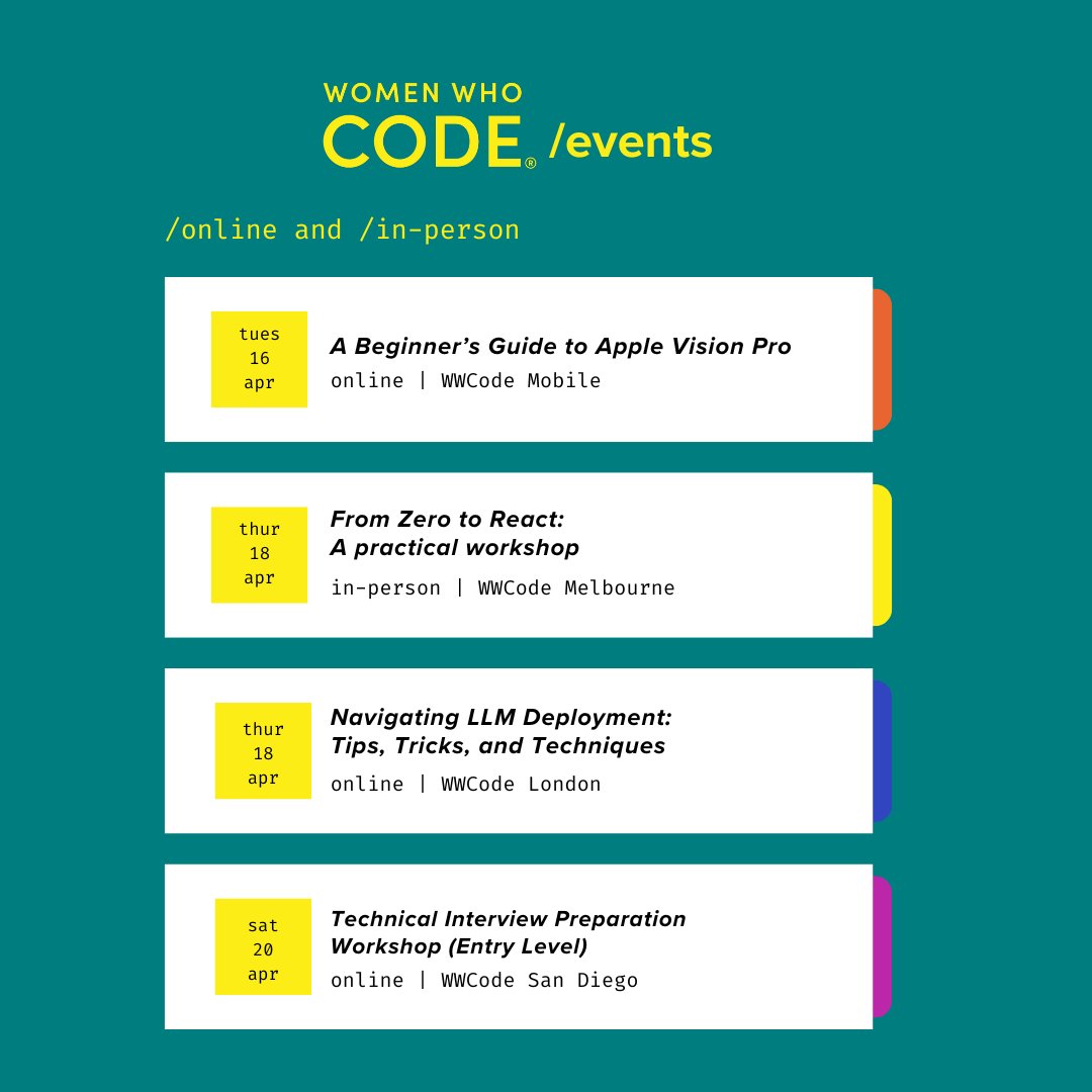 🤩 These events are the perfect opportunity to expand your network and connect with other technologists. 📆 To see complete event listings, go to womenwhocode.com/events