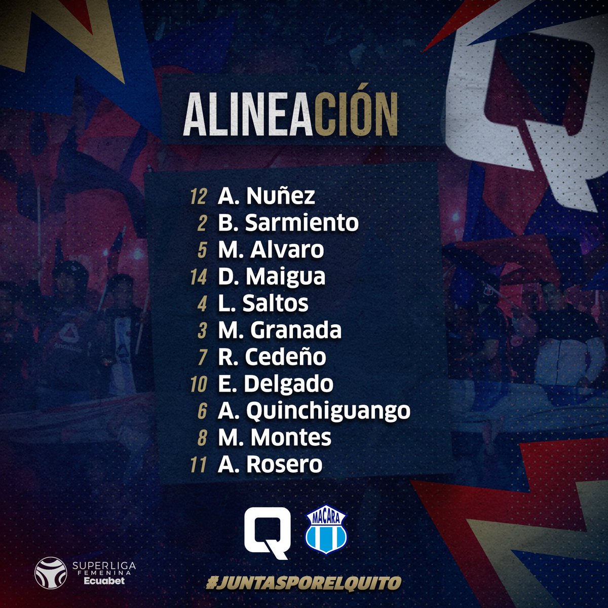 quitofc2's tweet photo. #Alineación | Nuestro 11 para el partido de hoy ❤️💙
.
.
@superligafef 🔥⚽️
.
#JuntasPorElQuito #futbolfemenino #Fútbol #Ecuador #Quito https://t.co/DIK0VrpFop