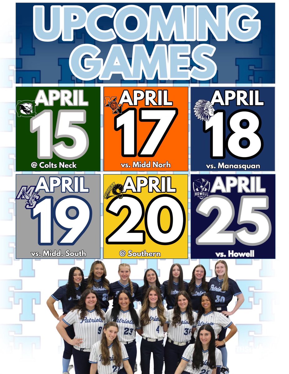 Busy stretch ahead Patriot Softball Family! Here is the upcoming schedule! 
@TownshipScores @fthsPatPress @ShoreConfSB @NJ_Sports @central_jersey
 @APPSportsDesk @JSNSPORTINGNEWS @HSSportsNJ @ALLNJSoftball @JSZ_Sports