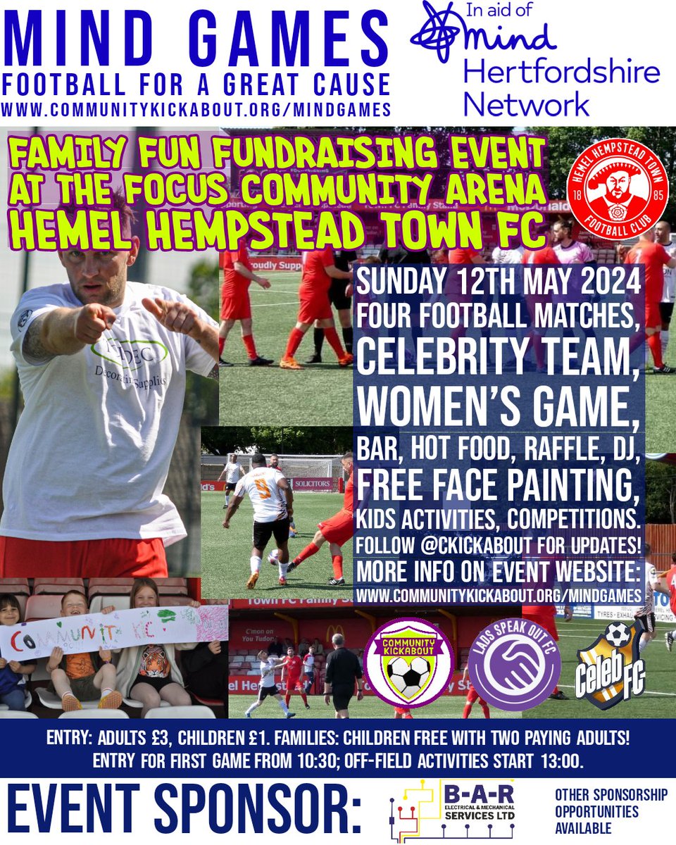 🗣️4 weeks to go
ℹ️Fundraising for Mental Health Charity @HertsMind
🗓️Sunday 12th May
👨‍👩‍👦‍👦Family Fun
🥳Entertainment
🤡Face Painting
🎟️Raffle
🍔Food
🍺Bar
⚽Teams:
❤️Kickabout
🤩@Celeb_FC
💜@ladsspeakout_23
 🏃🏻‍♀️Womens teams
📍Focus Community Arena, @hemelfc
🌐communitykickabout.org/mindgames