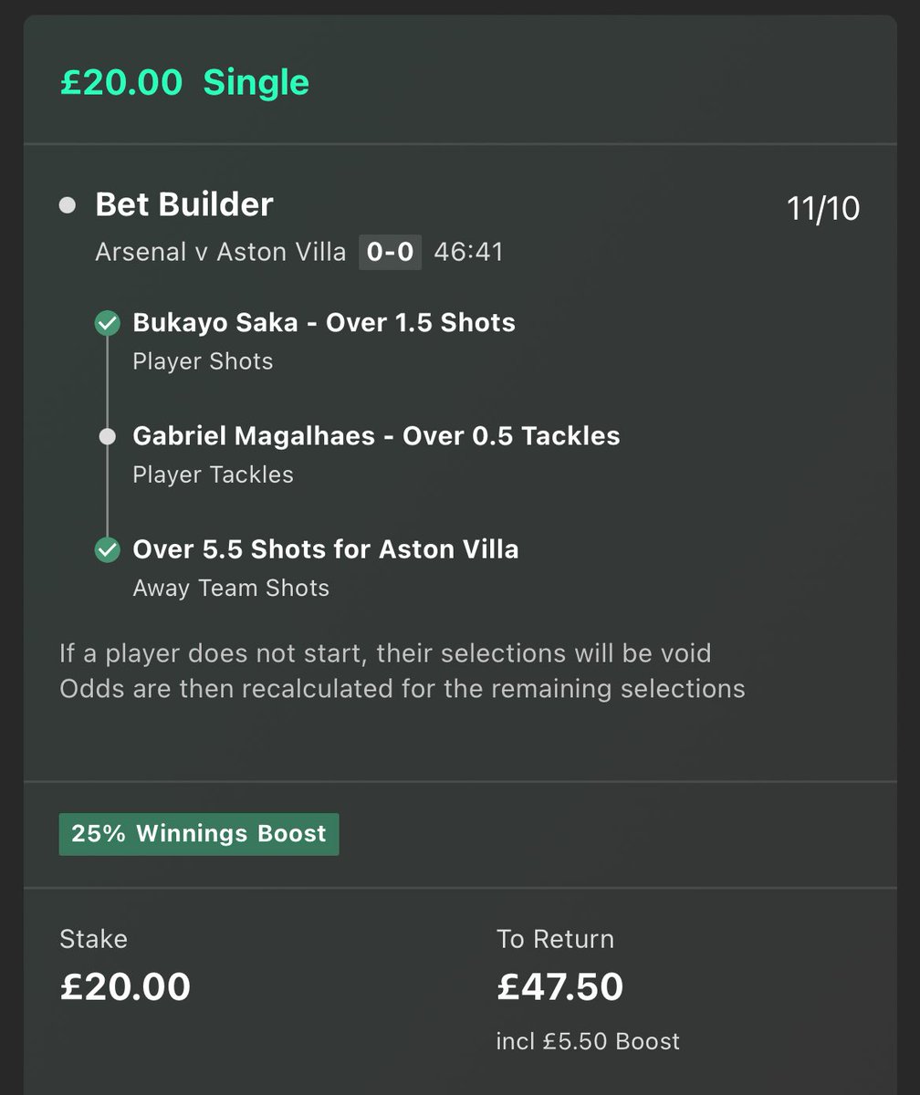 😍 Another amazing first half… 

✅ 4 Bukayo Saka shots
✅ 7 Aston Villa shots
✅ Gabriel so, so close to a tackle

Huge second half coming up, big chance for both bets. 

LIKE ❤️ if you’re on this bet!
