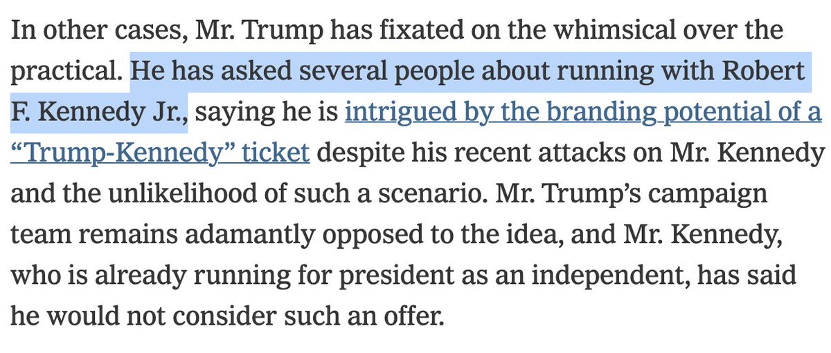 Trump and RFK Jr share the same top donor, Trump wants Kennedy to be his VP, RFK Jr's campaign admits he's running as a spoiler, and Trump is happy he's in the race. See a pattern here? nytimes.com/2024/04/14/us/…