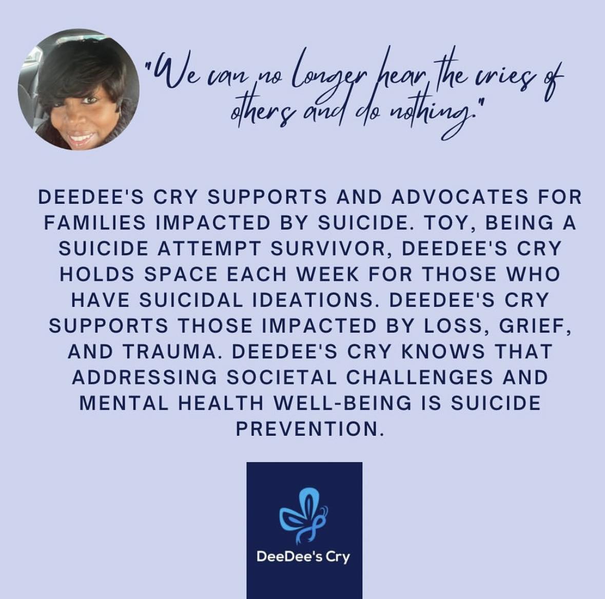 If 51% of America donates $10.00 to DeeDee's Cry and families impacted by suicide, we could support families with burial costs. Donate: deedeescry.org Follow us.