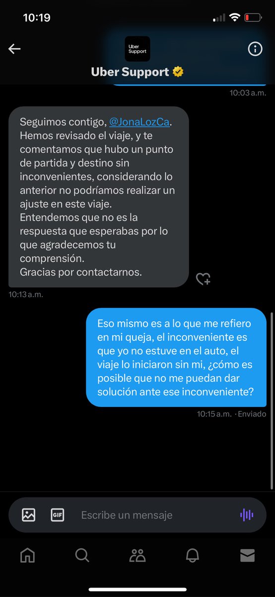 JonaLozCa's tweet photo. ¿Ven a lo que me refiero con el poco apoyo que @Uber_MEX le da a los usuarios cuando tienen un inconveniente? ¿Si estoy reportando que iniciaron el viaje sin mí y me hicieron el cargo de un servicio que ni siquiera pude utilizar no pueden hacer nada? https://t.co/StafF27LB8