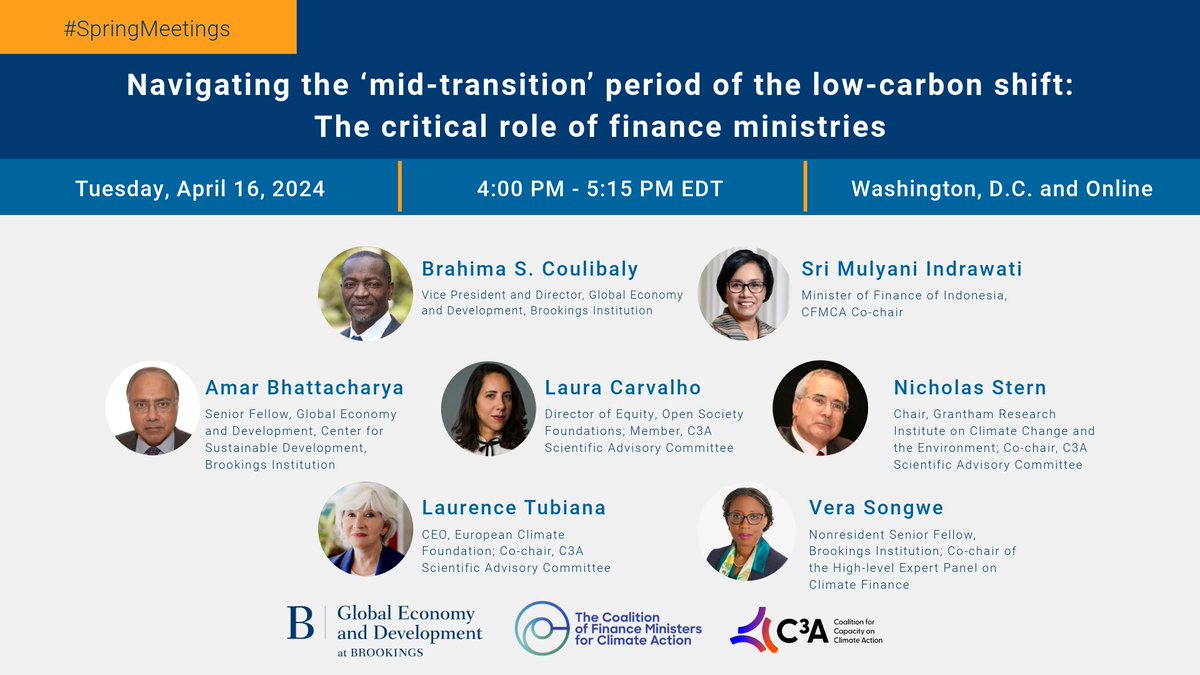 How can finance ministries help drive the global transition to a low-carbon future? 

On April 16, we’re discussing just that at a high-level public event on the sidelines of the IMF/World Bank #SpringMeetings. 

Register here:  brookings.edu/events/mid-tra…