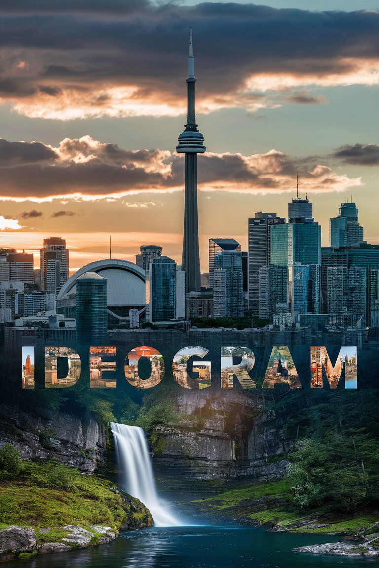 A surreal photograph of Toronto skyline, with a prominent CN Tower in the center. The skyline is dotted with modern skyscrapers. The city is juxtaposed with a serene landscape featuring a waterfall, lush greenery, and a mountainous backdrop. The sky is painted with hues of orange…