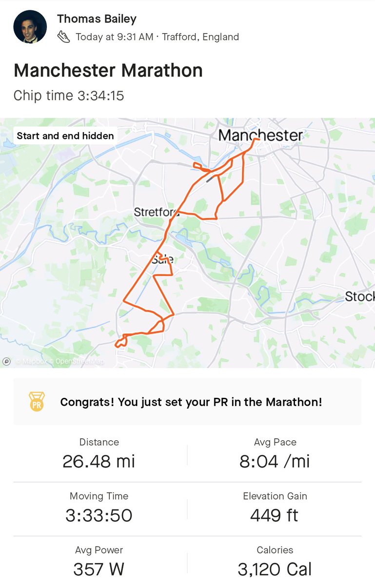 tombailey's tweet photo. Achievement unlocked, completed a Marathon. As you might expect, my legs are hurting. Looking after my 9 month daughter all day tomorrow could be, interesting... https://t.co/R6psIum2Uz