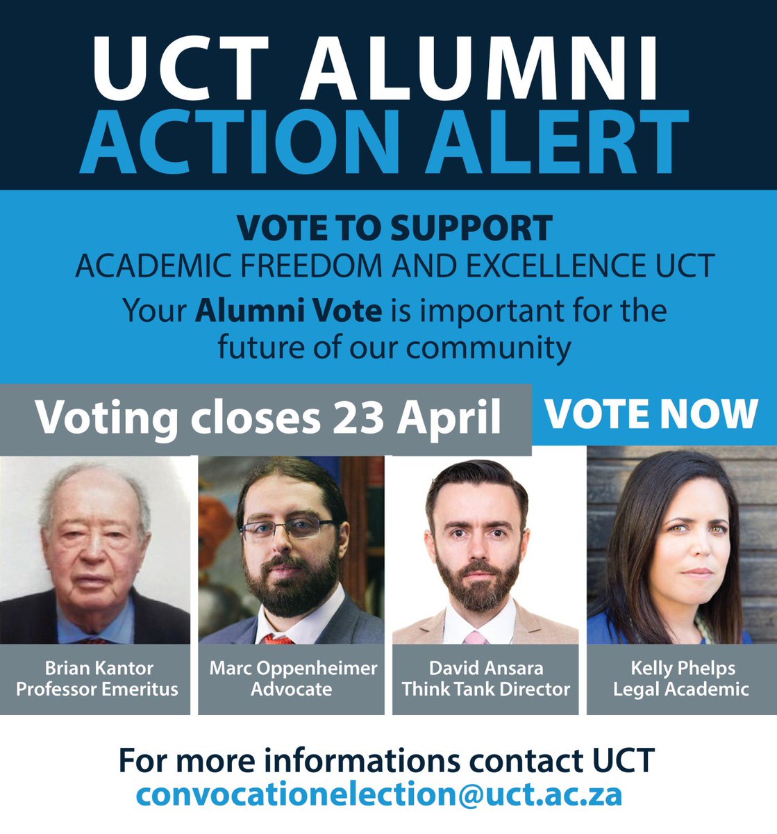 Elections to UCT’s Council are in progress.

You can vote until 23 April 2024. Request a ballot by emailing convocationelection@uct.ac.za

I know Marc and David well and strongly endorse them.

If Prof Kantor and Kelly Phelps are on the same page - great!

Defeat #schoolcapture