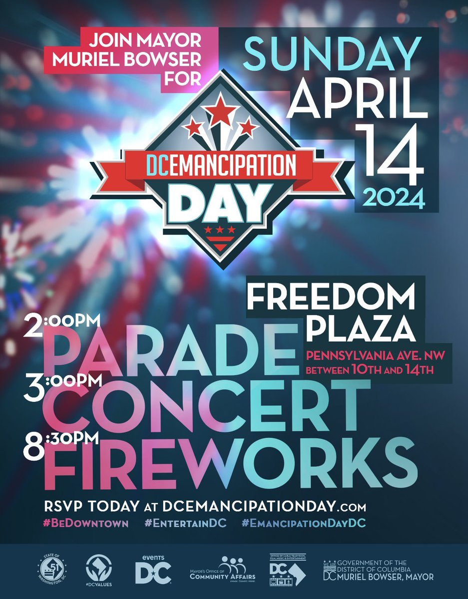 Today's the day! 🎵🎇 Join us to celebrate DC Emancipation Day with a parade, concert, and fireworks. Festivities kick off at 2PM. We'll see you there! #BeDowntown