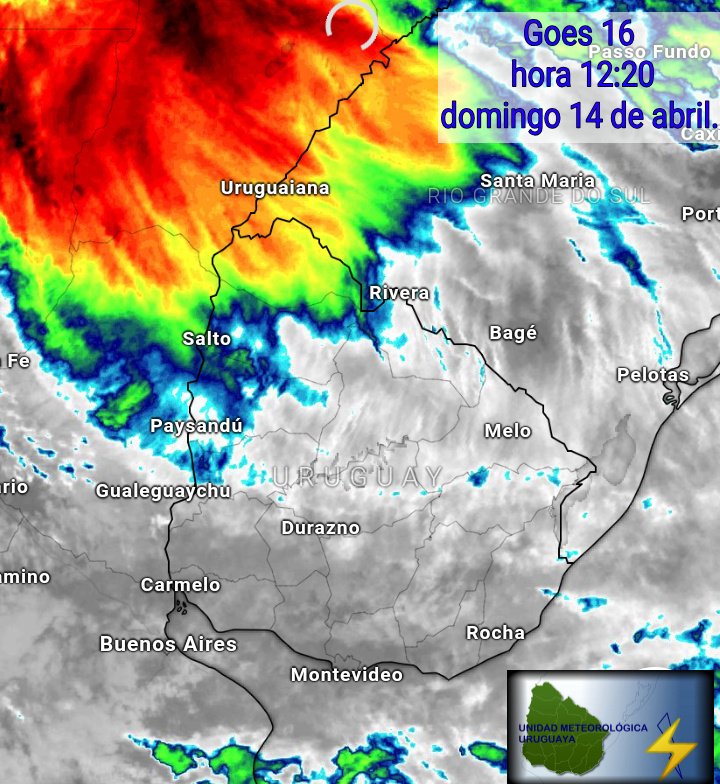 Hola amigos y amigas. Pedimos disculpas ya que las tormentas que estaban previstas para la madrugada según los modelos, recién ahora empezaron a ingresar al país. Tal como lo muestra la imagen satelital obtenida a la hora 12:20.  …dadmeteorologicauruguaya.blogspot.com/2024/04/alerta…