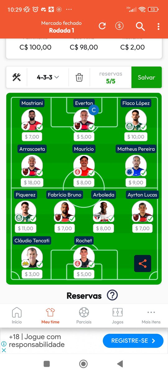 Time escalado e sem pontuação, devido a erros do app, que vergonha <a href="/cartolafc/">Cartola</a>