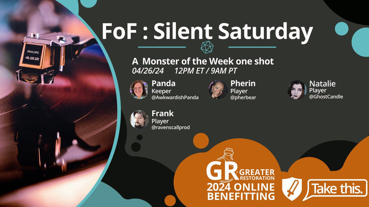 The_GR_Crew's tweet image. Join us for the start of our charity games weekend on April 26th noon ET benefiting @TakeThisOrg with our first game FoF : Silent Night a Monster of the Week one shot with keeper @AwkwardishPanda joined by @ravenscallprod @pherbear and @GhostCandle