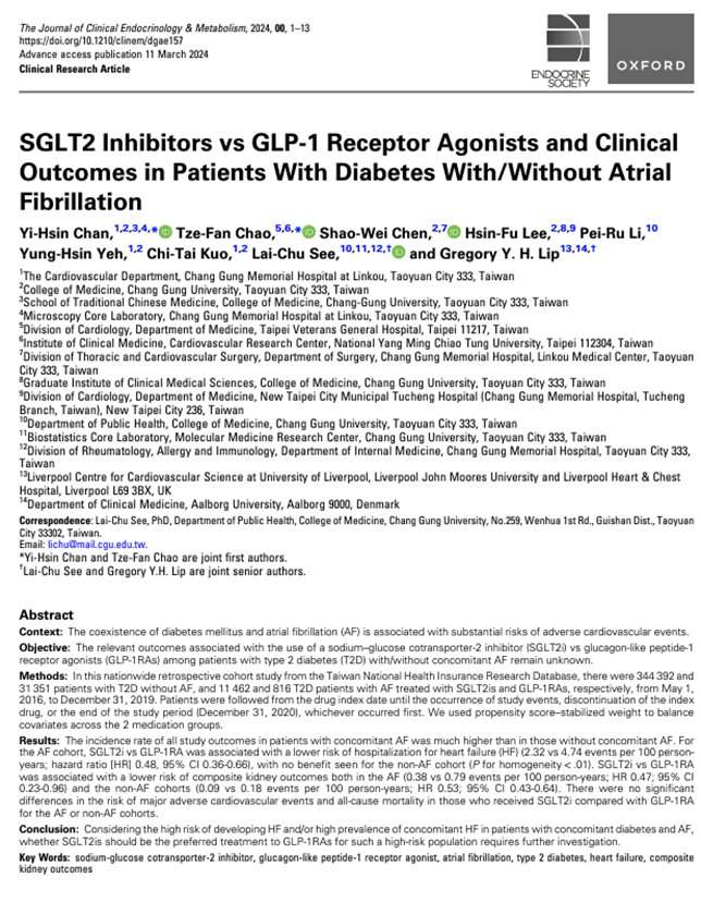 In this study, SGLT2i treatment showed benefits for patients with type 2 diabetes with atrial fibrillation, including a lower risk of heart failure hospitalization and better composite kidney outcomes than GLP-1 RA treatment. academic.oup.com/jcem/advance-a…
