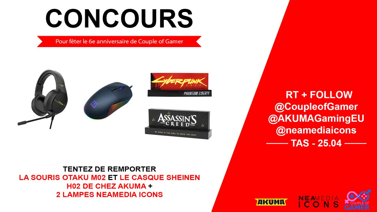 CoupleOfGamer's tweet photo. #Concours

Pour fêter nos 6 ans

On vous fait gagner La Souris Otaku M02 + Le Casque Seinen H02 de chez Akuma, et 2 lampes Neamedia Icons

Pour participer
 
RT + Follow
@CoupleOfGamer + @AKUMAGamingEU + @neamediaicons

TAS le 25/04 

🍀Bonne chance🍀 

#CoG https://t.co/t8V8NaOHf5