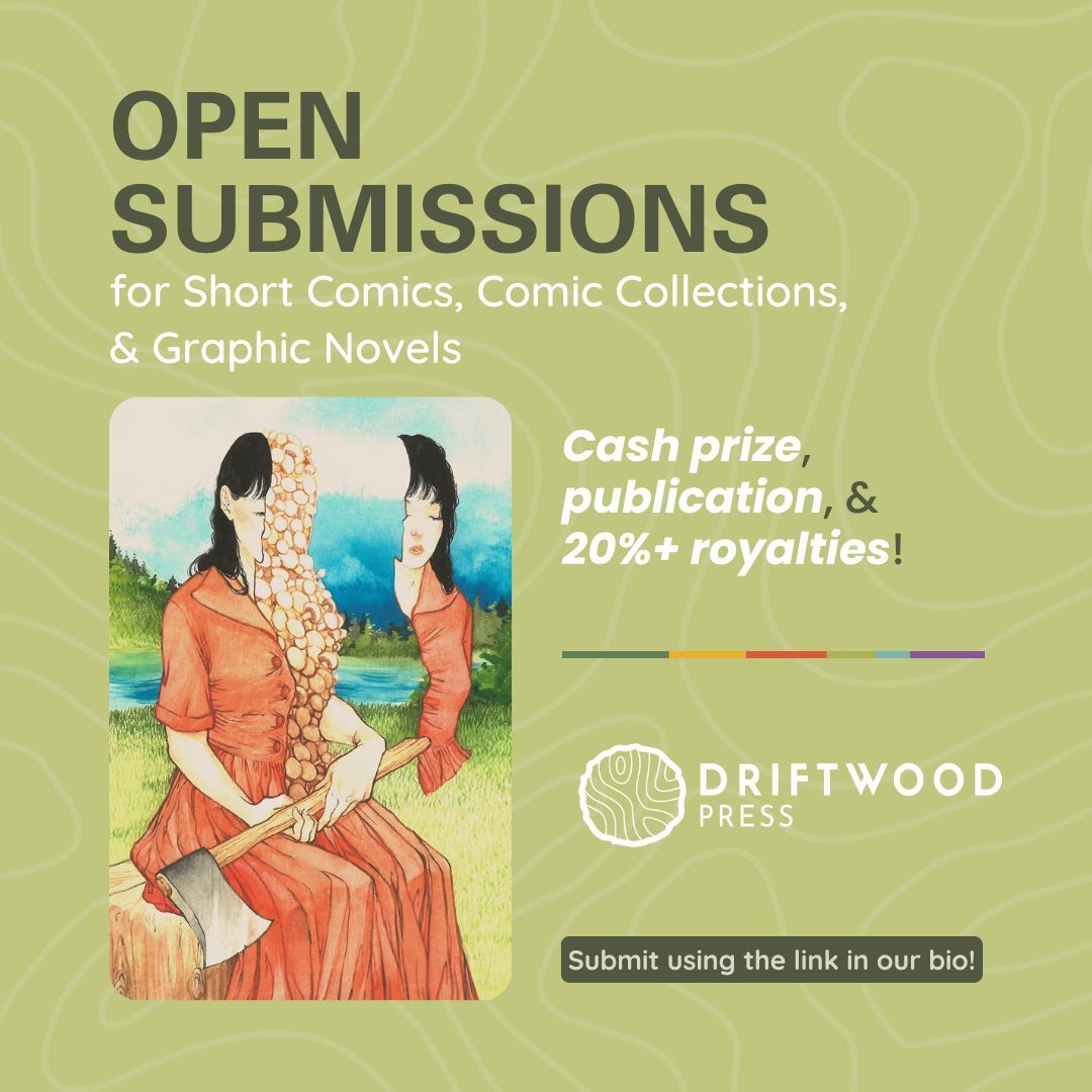 Submit your short comics, comic collections, or graphic novels to Driftwood Press! We offer a cash prize, publication, and 20%+ royalties. Use the link in our bio for details! #callforsubmissions #graphicnovels #shortcomics #comiccollections