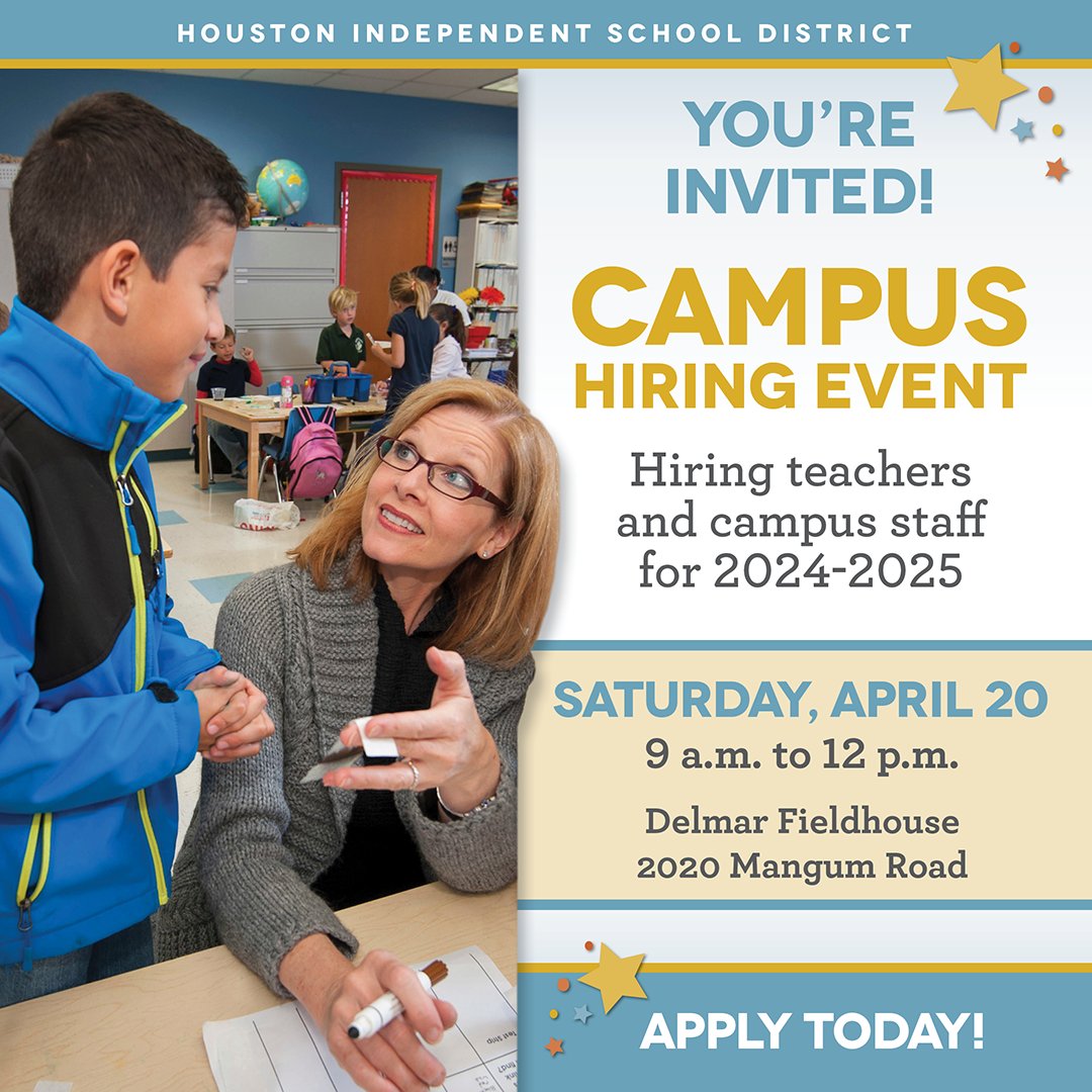 HISD is hiring teachers and campus staff for a variety of positions for the 2024-2025 school year. PK-12 educators are invited to learn about @TeamHISD at our campus hiring event on Saturday, April 20. Register now: bit.ly/3TUtgZZ