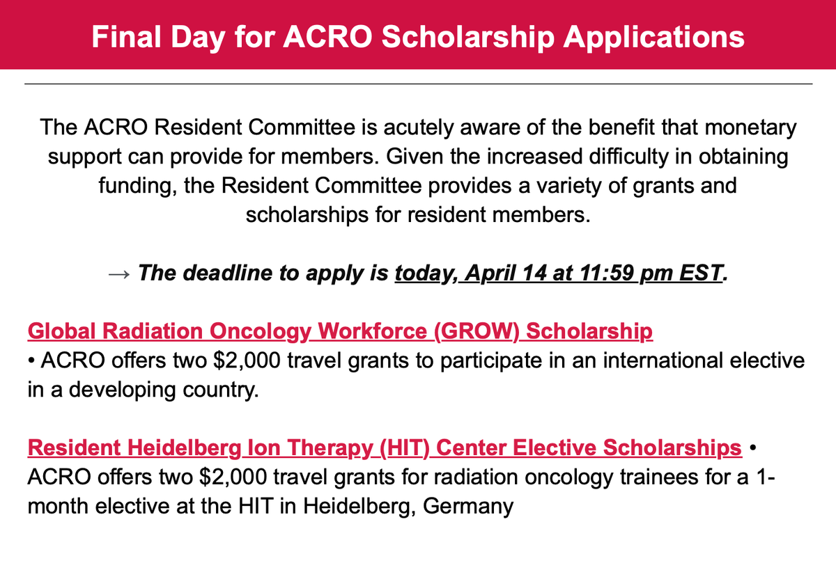 ‼️Tonight is the deadline for our @ACRORadOnc Resident Scholarships‼️ HIT 🇩🇪 acro.org/page/HITSchola… GROW 🌍 acro.org/page/GROWSchol… 🕛Due @ 11:59 PM EST!