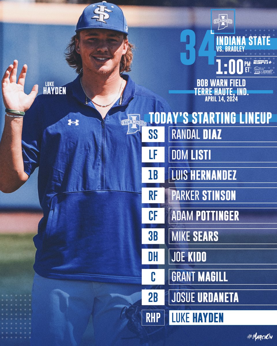 Hi Mom! @luke_hayden_1 is on the mound today as the Sycamores prepare for today's series finale against Bradley 📊: tinyurl.com/4snb22cy 📻: tinyurl.com/2p9sw6rk 📺: tinyurl.com/mryebbrh #MarchOn