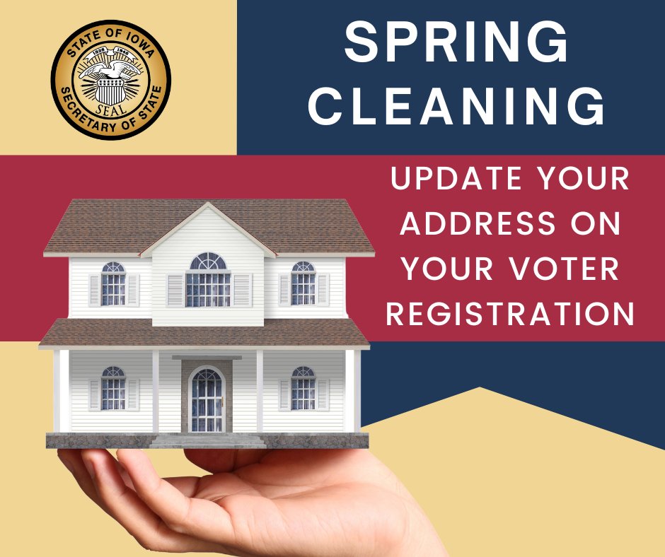 As you tackle your spring cleaning, take a moment to update your voter registration with your new address. It's quick, easy, and ensures your voice is heard on Election Day! Head over to sos.iowa.gov/elections to update and find your information!