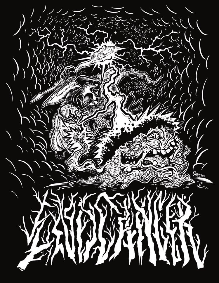 mojoquix's tweet image. 🚨PRE-ORDERS OPEN UNTIL MAY 1, 2024 🚨help me fight my stupid breast cancer by pre-ordering this awesome shirt @IggyArgy drew for me of my panda wizard avatar destroying cancer, with very metal text reading END CANCER. $20 plus shipping. redleatheranddanger.bigcartel.com/product/end-ca…