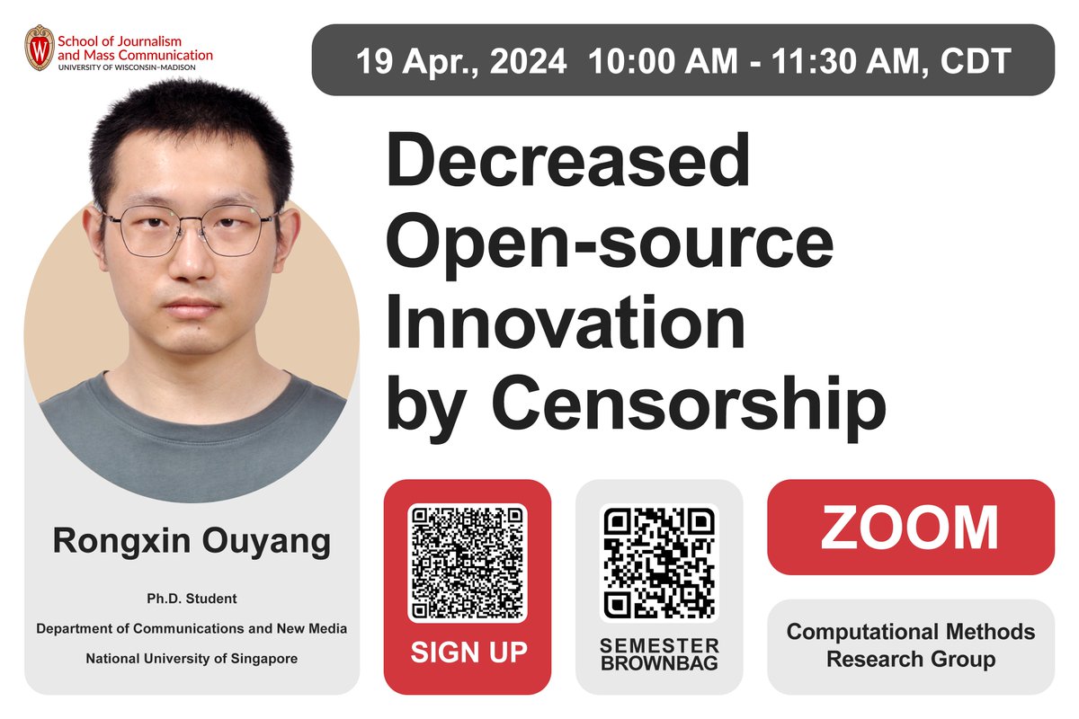 Zening_Duan's tweet image. Please scan to join our #CMRG’s virtual computational brownbag, 10 AM next Friday, CDT. Our guest speaker @RongxinOuyang, PhD student (Dept. of Communications and New Media @NUSingapore)
will share his work on using DID methods to quantify innovation on GitHub under censorship.