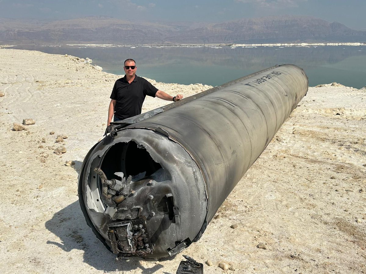 The count of missiles and drones launched by Iran at Israel yesterday is 361. Israeli, UK, US, French, Saudi, and Jordanian defenses intercepted 99% of them. This beast is one of the missiles shot down by the Dead Sea. This was a strong defense, not a weak Iranian offense.