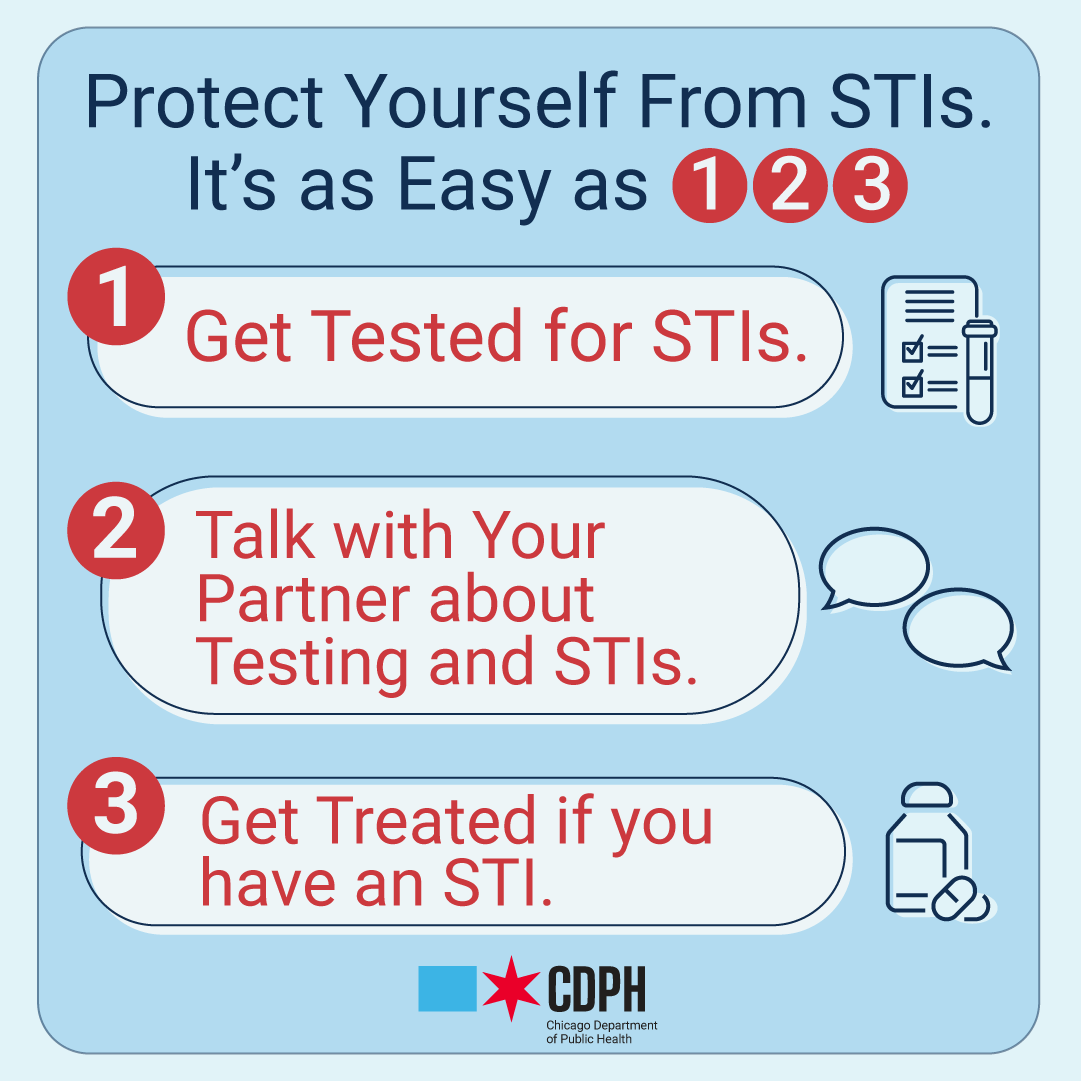 During STI Awareness Week, learn how to protect yourself from sexually transmitted infections. It's as Easy as 1-2-3! 1. Get Tested 2. Talk with Your Partner 3. Get Treated Visit chicago.gov/sti-hiv #STIAwarenessWeek #STI