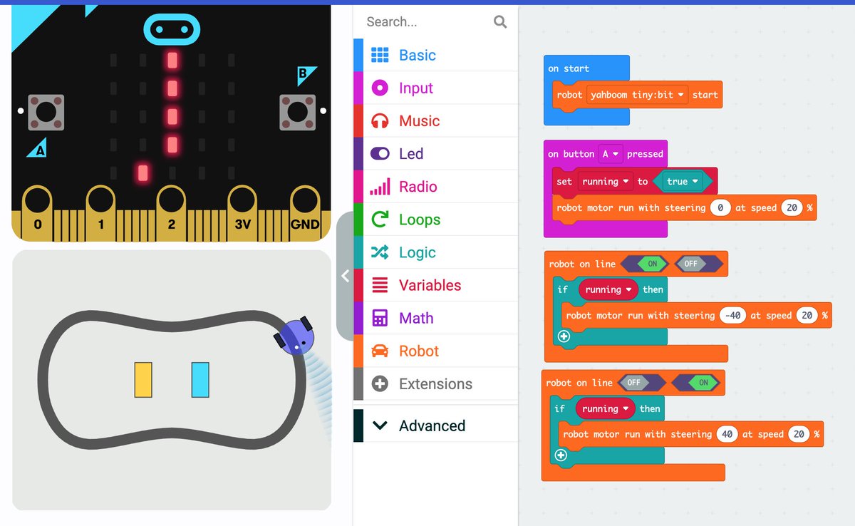 The @MSMakeCode for #microbit 'Micro:bit Robot' extension (in beta) looks like a great addition! I love the simulated robot! Example Project: makecode.microbit.org/S63166-56543-3… @microbit_edu