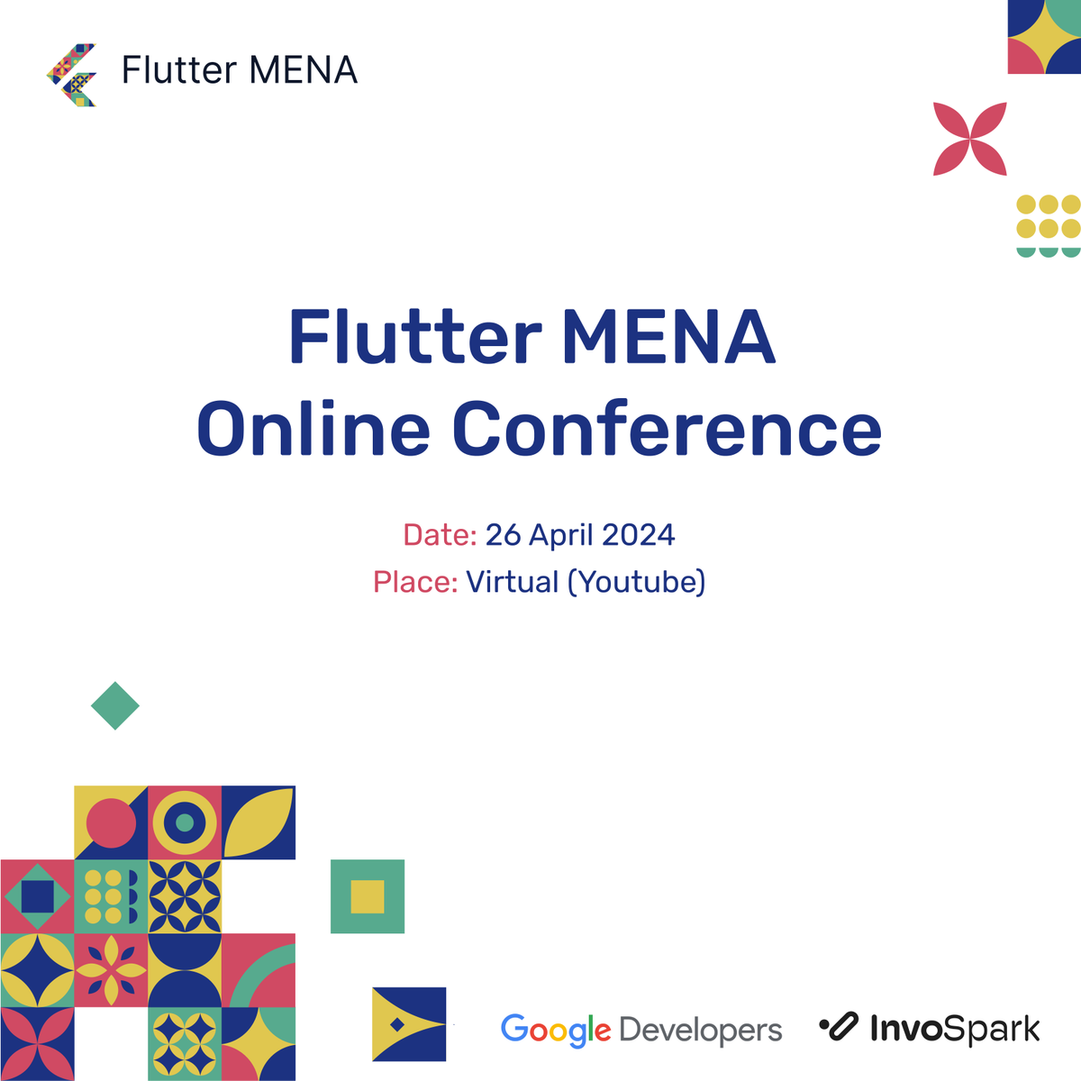 🎉 Get ready for the Flutter MENA Online Conference! 🚀🎓 Mark your calendars for 26 April 2024! We're bringing together the brightest minds in Flutter development - virtually on YouTube. Perfect for pros and newcomers alike. Hosted by #FlutterMENA and @InvoSpark