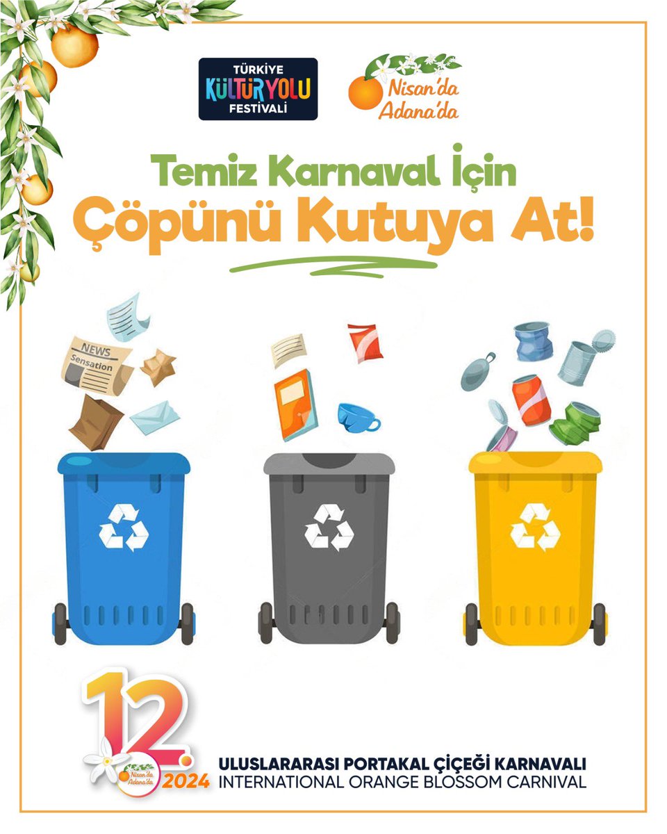 Karnaval süresince sokaklarımızı ve etkinlik alanlarımızı temiz tutarak çevremize ve doğamıza destek olmak için çöplerimizi yere atmayalım. Temiz bir karnaval için birlikte hareket edelim! 🚮💚

@turkiyeky @tckulturturizm
#Adana  #PortakalÇiçeğiKarnavalı #ÇevreDostu