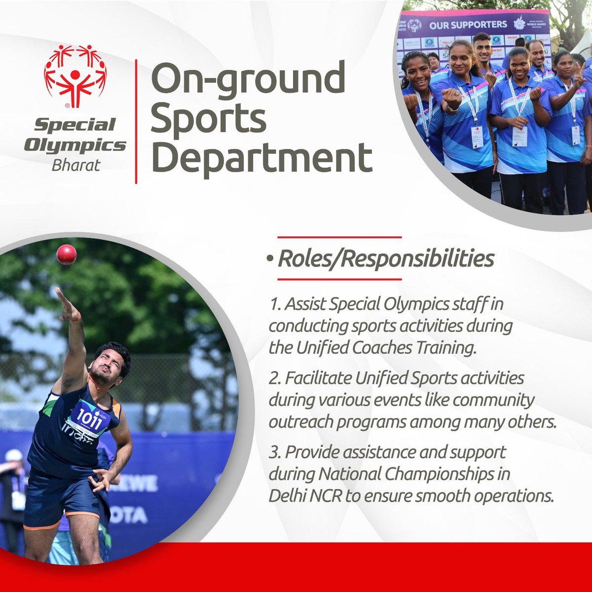 Passionate about sports and inclusion? Join our On-ground Sports team & experience the magic of Unified Sports firsthand! From venue management to fostering friendships on the field, your energy & enthusiasm will create unforgettable moments for athletes & volunteers alike!