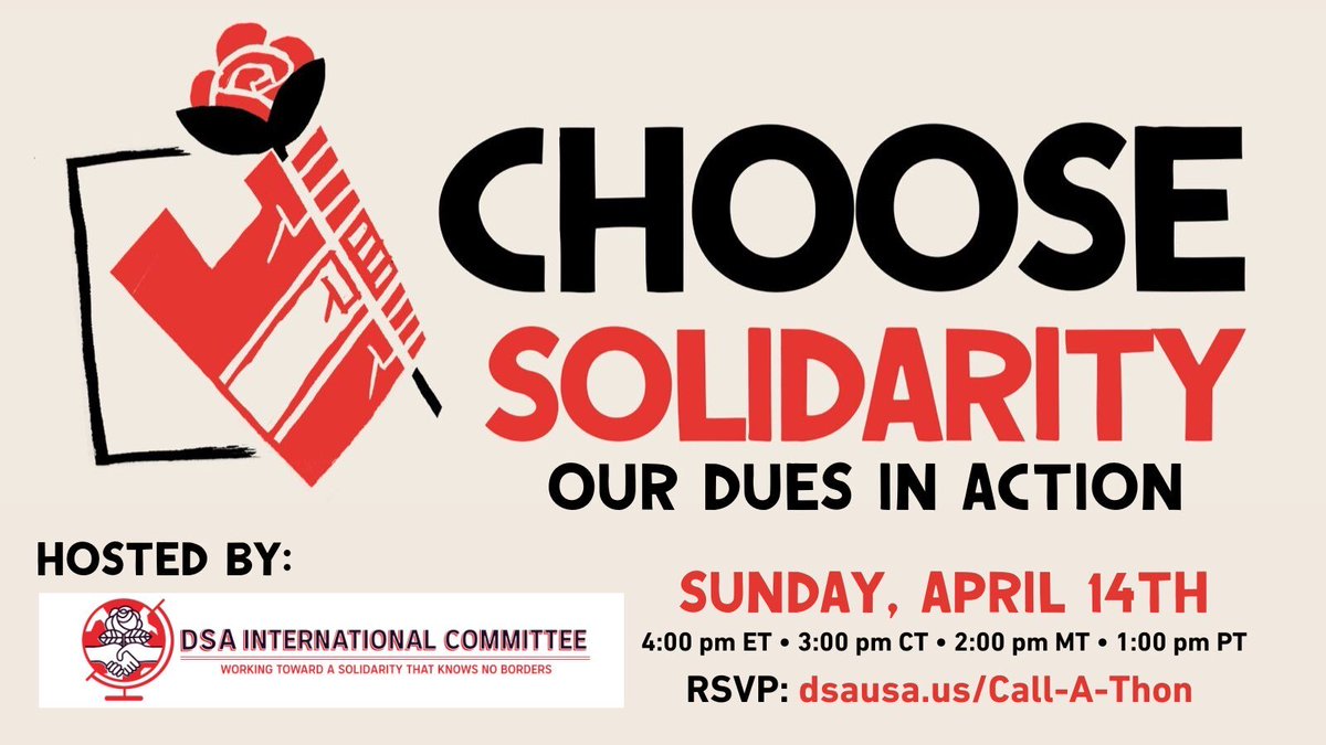 ☎️Reminder: Our first IC sponsored Solidarity Dues phonebank is TODAY at 4:00 ET/1:00 PT Help us call DSA members and internationalists about making the switch to 1% dues and building the movement and our work! 🌹🌎💪 Sign up here: actionnetwork.org/events/0414-so…