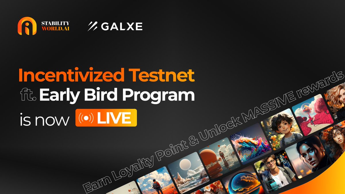 INCENTIVIZED TESTNET 🆚 EARLY BIRD PROGRAM IS NOW LIVE! 🔓

Your chance to 🔸🔶 your rewards is HERE!

The Stability World AI Testnet is now open for ALL to try for 🆓, plus the Early Bird Program - powered by <a href="/Galxe/">Galxe</a>. 🔥

📙 More info: medium.com/p/29bcd773f6ca

🧵 Find out how to