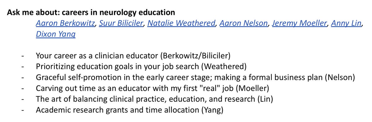 @AANmember resident at #AANAM interested in #MedEd? Find us at the Educator Mentoring session TODAY (Sunday 4/14 from 4:30-5:30pm) at the Colorado Convention Center-Mile High 1BCD. Join @AaronLBerkowitz, @suurbil, @yaleneuropd et al—feel free to use the 🧠 prompts or just AMA!
