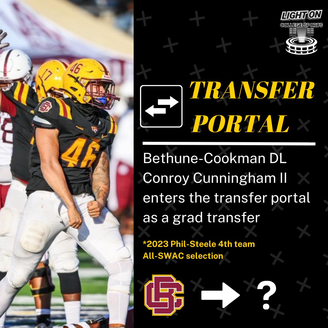 Bethune-Cookman DL Conroy Cunningham II has entered the transfer portal as a graduate transfer, per his social media.

He’s a 2023 Phil Steele 4th team All-SWAC selection and recorded 37 tackles, 3.5 sacks, &amp; 1 forced fumble last season.

<a href="/conroy_cunnin/">Conroy Kirk Cunningham II 💎</a>