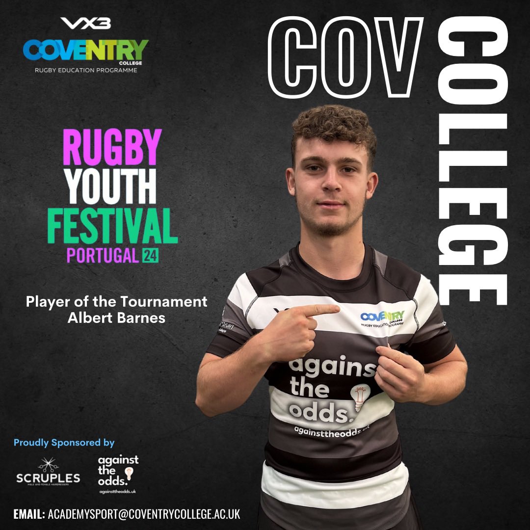 5 games across two days in two playing positions including the all important try in the plate final for Albert Barnes who picks up @coventrycollege player of the @RugbyYouthFest #covcollege #playerpathway #thejourney