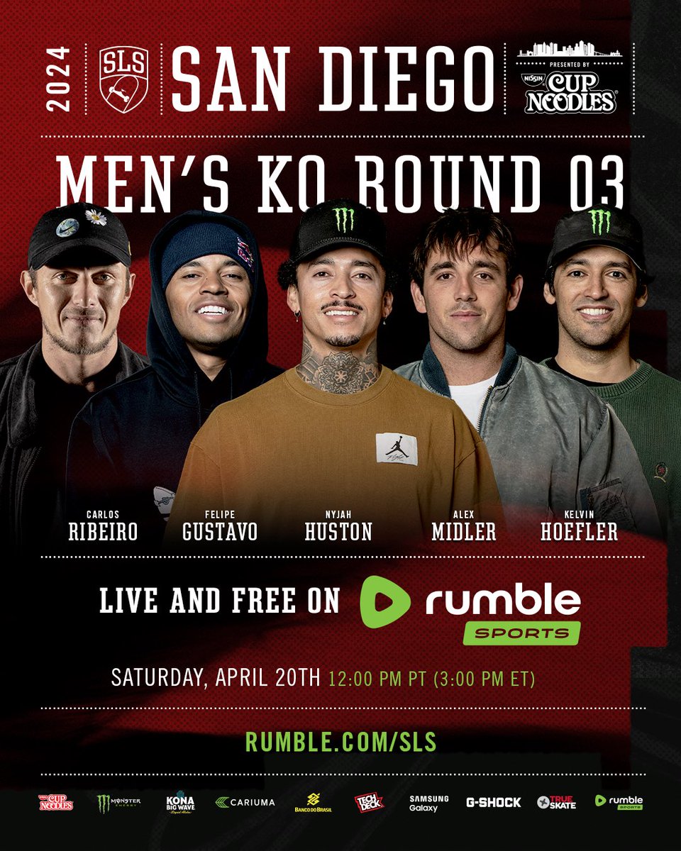 SD Knockout Group 03 👀 This group has 3 past SLS winners, this will be a gnarly one… Carlos vs Felipe vs Kelvin vs Midler vs Nyjah