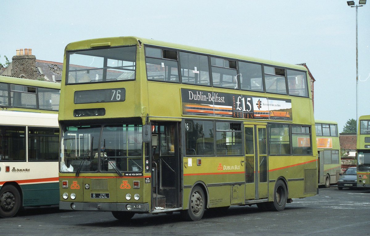 August 1996 and KD8 is seen resting in Cony Road with a nice hose ad for Iarnroid Eireann. #dublinbus #kd8