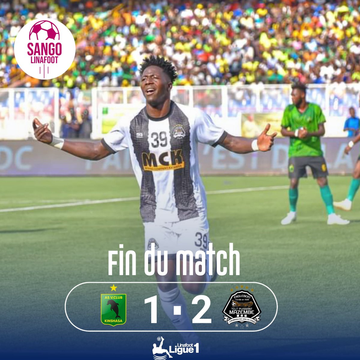Sangolinafoot's tweet photo. @LinafootO
#ASVTPM
#ClassicoRdc
C'est la fin au stade de Martyrs !
@veaofficiel ๐ @TPMazembe 1-2
Kika Bushikiri 90+3 (Vclub)
Fily Traorรฉ 20' (p) 71' (Mazembe)
@Sangolinafoot https://t.co/YpbG418JTK