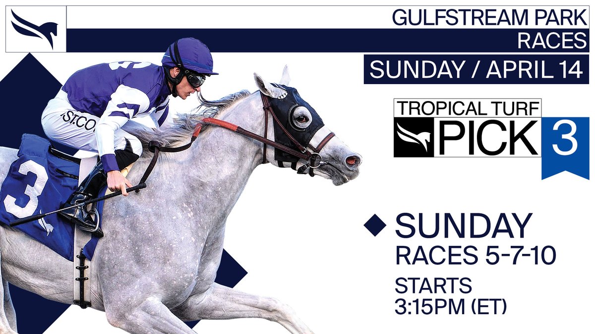 Sunday's Tropical Turf Pick3! ✅️ Races 5, 7, and 10. ✅️ $3 Minimum wager. ✅️ 15% Takeout. #RoyalPalmMeet at #GulfstreamPark.