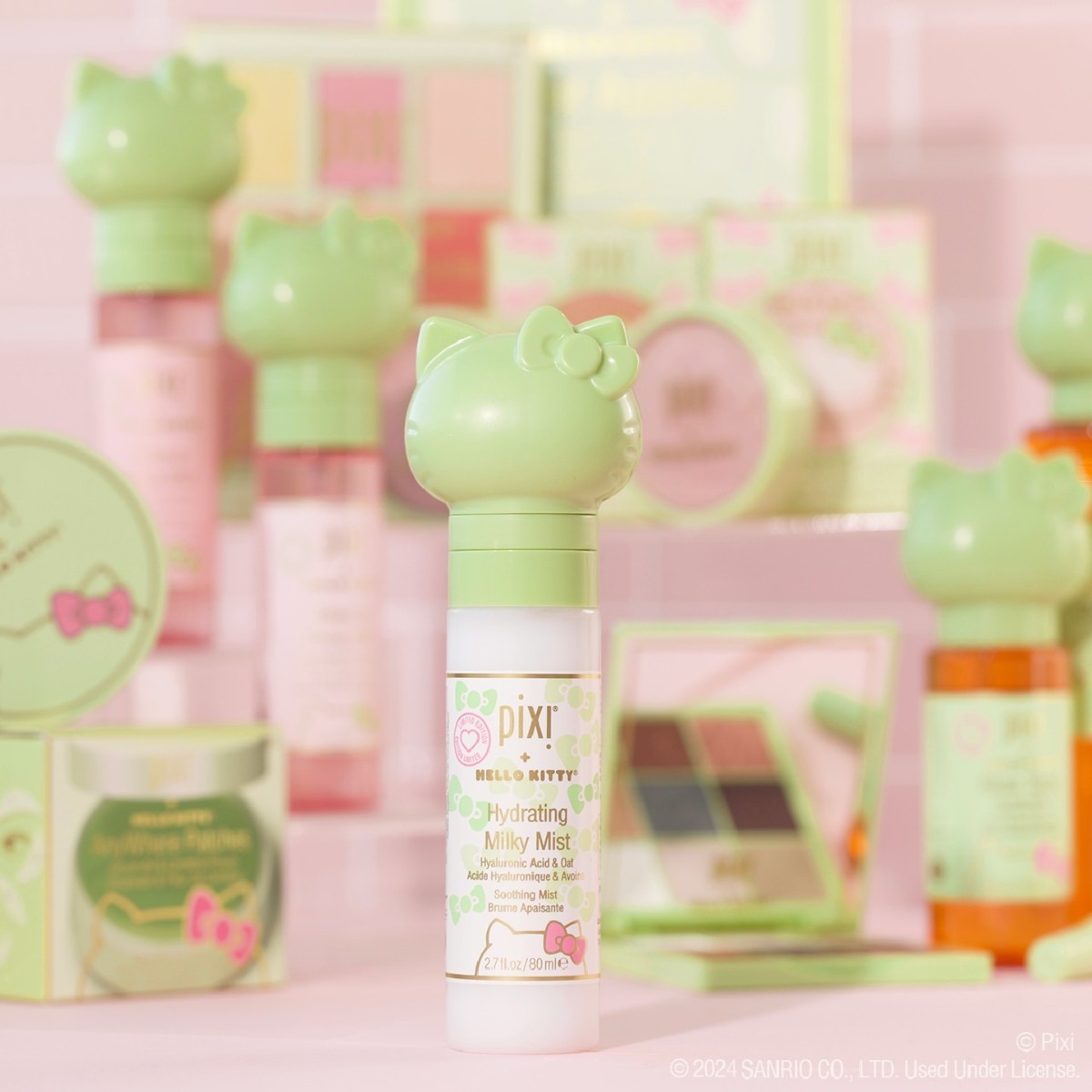 Our Hydrating Milky Mist, with a @HelloKitty flair, is the perfect pick-me-up to deeply hydrate, nourish and balance all skin-moods. Hyaluronic Acid, Black Oat Extract and B Vitamin Complex team up to quench complexion! #PixiBeauty #HelloKitty #Skintreats #BowMeetsGLOW