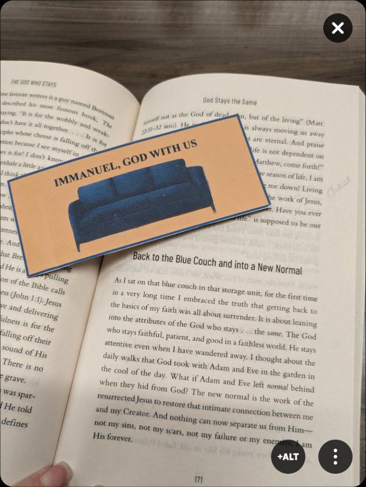jayzgurl87's tweet photo. @matthew_west  My sister's and I are reading this book and one of my sisters made this bookmark not knowing how important the blue couch was when we started reading https://t.co/inQibVXzWd