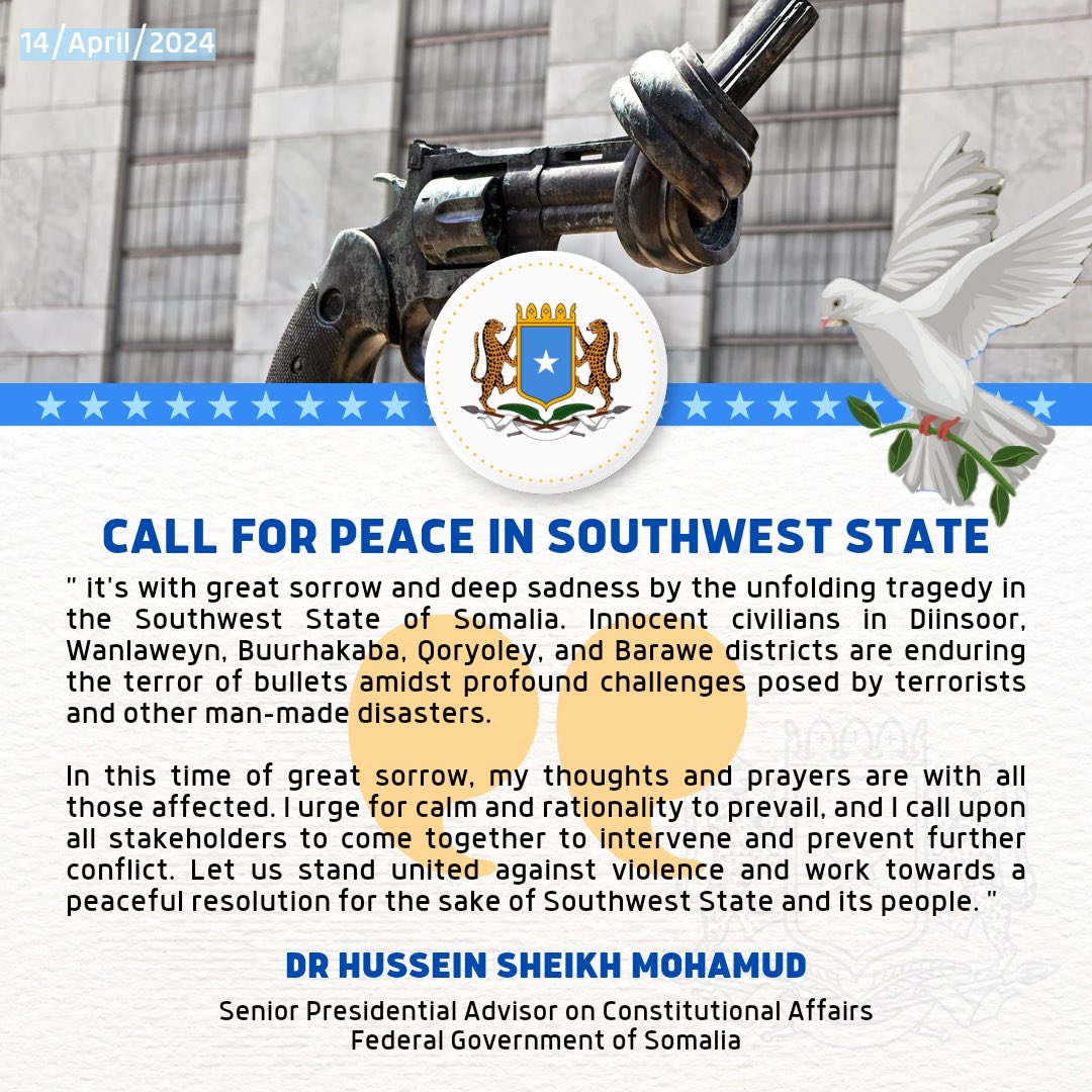 husseinhaaruun's tweet photo. Devastated by the tragedy unfolding in Southwest State, #Somalia. My heart goes out to the innocent civilians enduring terror and conflict in #Diinsoor, #Wanlawayn, #Buurhakaba, #Qoryoley, and #Barawe. We must stand united against violence and work towards peace. https://t.co/iKTodfpSFs