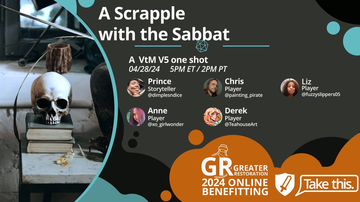 <a href="/KeithAsada/">Keith Asada</a> <a href="/Thekira858/">Manipulator of the Wacom Pen 🔜 Wonder Con</a> <a href="/PronounsInMyBio/">A Day Without Pronouns</a> <a href="/selinye/">~ Selinye, Rofellos's Advocate ~</a> <a href="/ravenscallprod/">Frank aka Rafiki</a> <a href="/pherbear/">🍉 pher von zarobitch, bed domain 🦇</a> <a href="/MC_Etching/">Nix</a> <a href="/lizfavtastic/">lizfavtastic has PAX fomo</a> <a href="/urbanbohemian/">urbanbohemian 🪩🥂💖</a> <a href="/insanekitty32/">🐾 Kitty 🏳️‍🌈 🖤🤍💜</a> @mirvansmusings <a href="/PinUpAC87/">Blood, Thread, & Shears (They/Them)</a> <a href="/elliotabletop/">Elliot 🍉 消咒</a> <a href="/FortNerdDotCom/">Fort Nerd</a> and last but not least wrapping up the weekend at 5pm ET Storyteller <a href="/dimplesndice/">dimples the Damp Daddy</a> will bring a VtM v5 story for kindred @painting_pirate <a href="/fuzzyslippers05/">Liz B</a> <a href="/Trader_XO/">XO</a> and <a href="/TeahouseArt/">Teahouse Tales</a> with A Scrapple with the Sabbat!