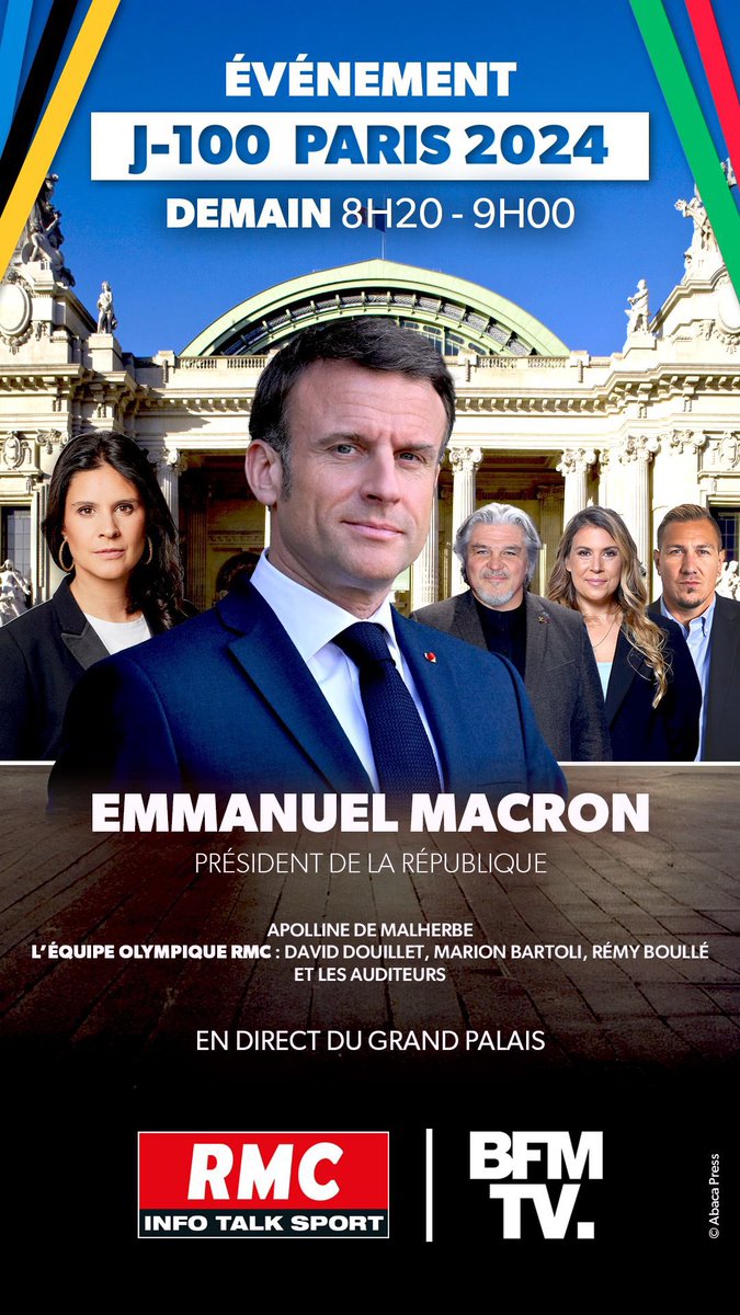 🔴 EMMANUEL MACRON invité exceptionnel d’@RMCInfo demain, à J-100 des JO de Paris ! 🥇 -> Rdv à 8h10 pour l’avant-match des GG avec @tcharlz. -> Et à 9h, le GRAND DEBRIEF des GG avec : @joelle_dago, coach de vie, @poncet_bruno, cheminot, @s_manigold, restaurateur. Et pour…